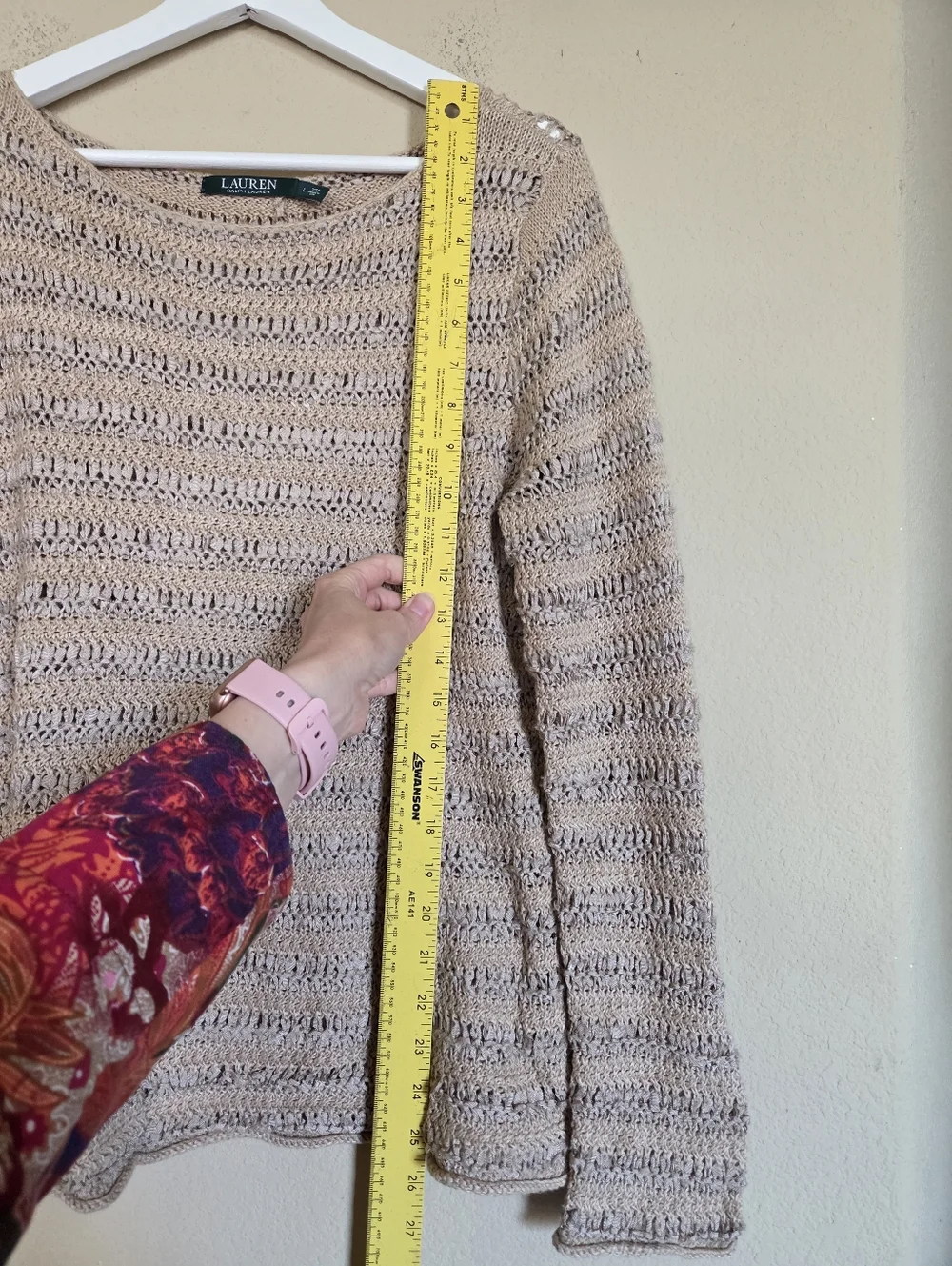 Lauren Ralph Lauren Beige Open-Knit Sweater Crochet Linen Blend